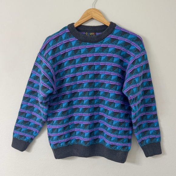 Vintage Coogi Australia Pure Wool 3D Knit Sweater Medium – Blue Purple Geometric - Picture 1 of 6